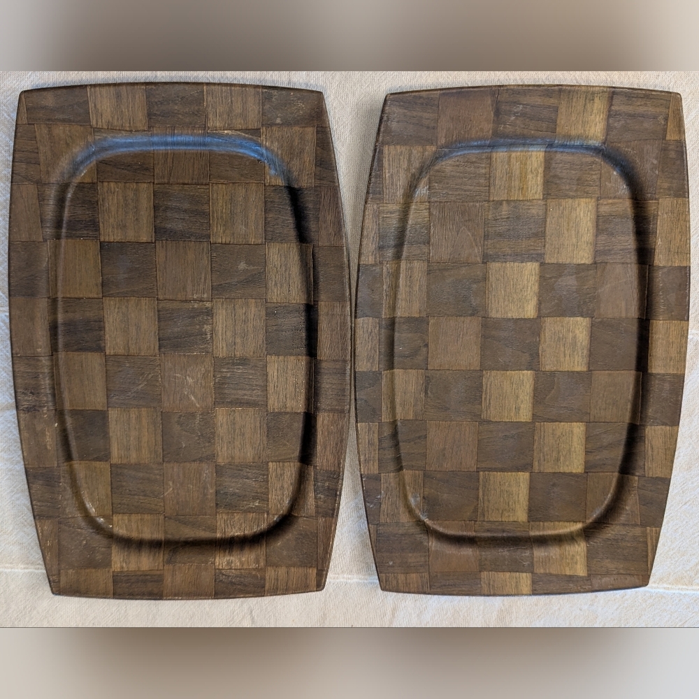 Vintage Walnut Weavewood Trays W/ Aluminum Inserts